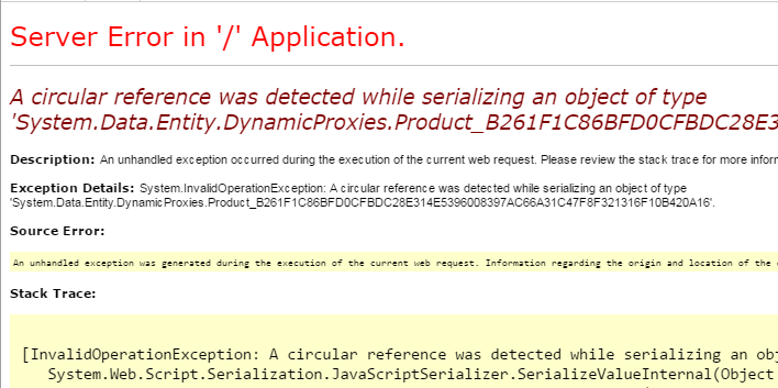 A circular reference was detected while serializing an object of type