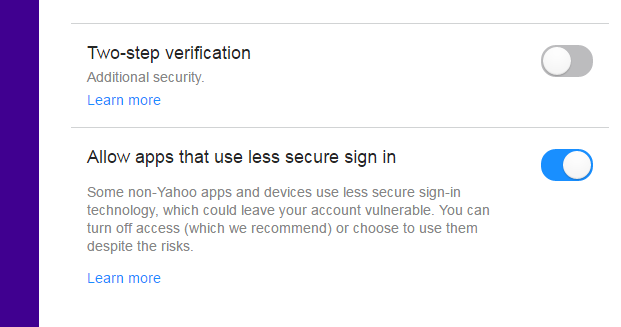 enable Allow apps that use less secure sing in