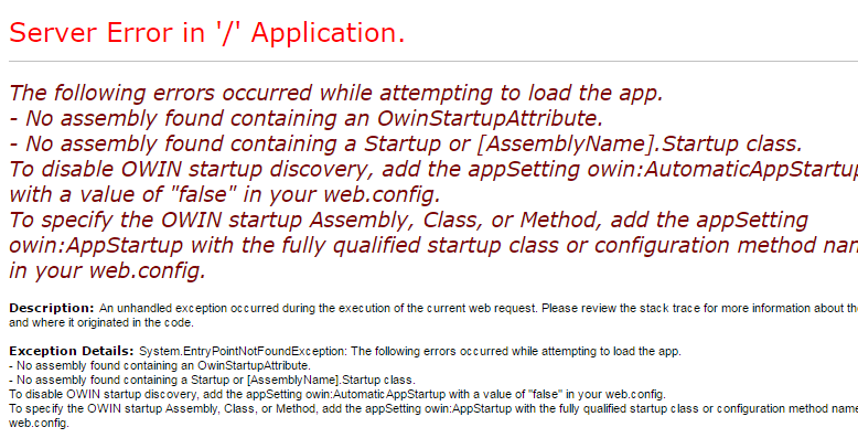 No assembly found containing a Startup or [AssemblyName].Startup class